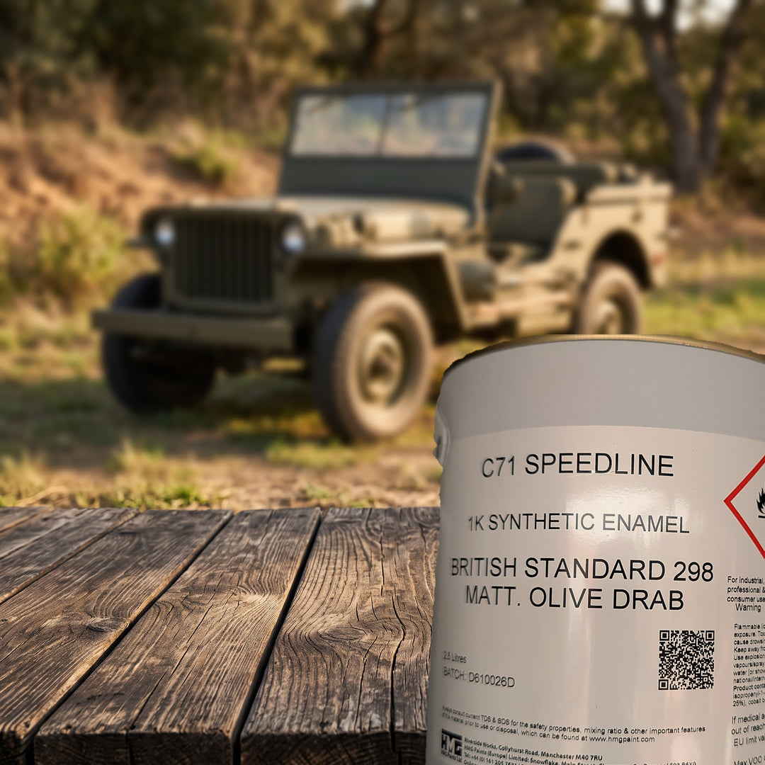 HMG C71 Speedline Olive Drab BS298 Matt 2.5L paint tin with a military vehicle painted in the same colour
