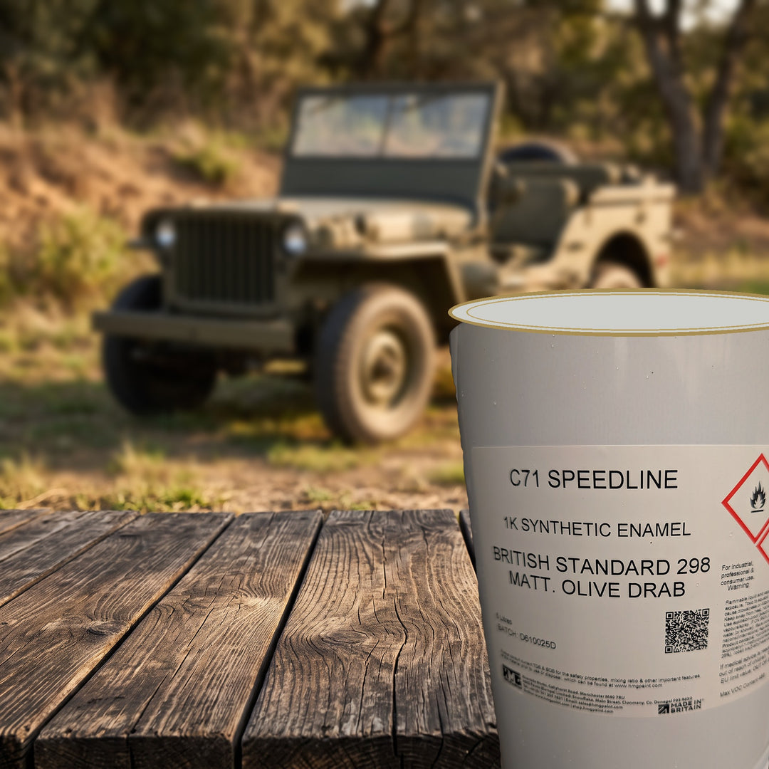 HMG C71 Speedline Olive Drab BS298 Matt 5L paint tin with a military vehicle painted in the same colour