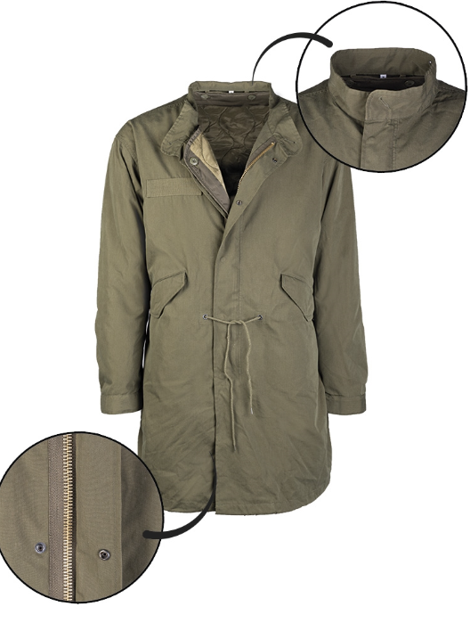 Green coat with close-up details on a white background