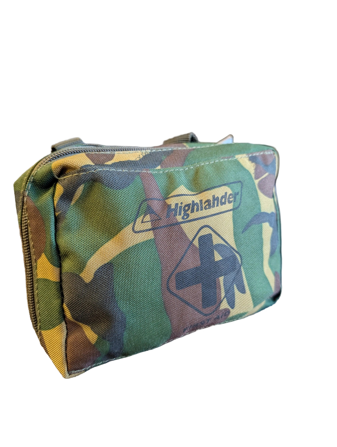 Camouflage pouch with a brand logo on a textured surface