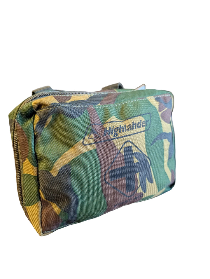 Camouflage pouch with a brand logo on a textured surface