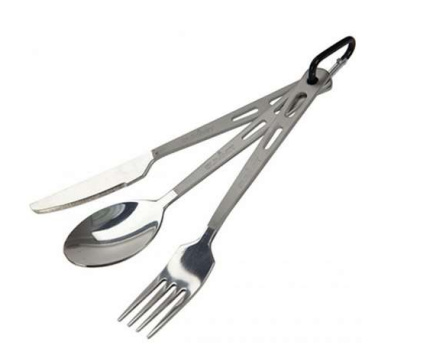 Silver knife, fork and spoon with grey handles attached with small black carabiner