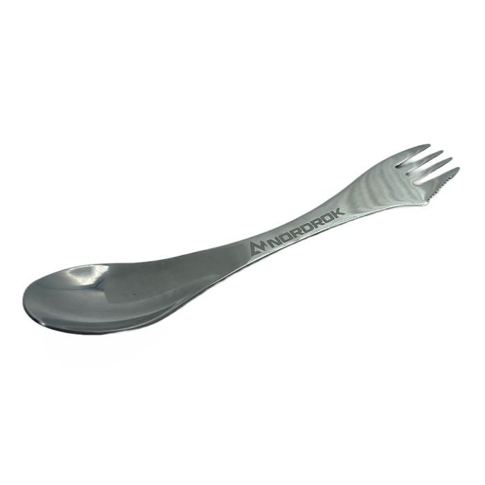 Metal double ended utensil, one end has spoon the other has a fork with a serated edge. Engraved with 'Nordrok'