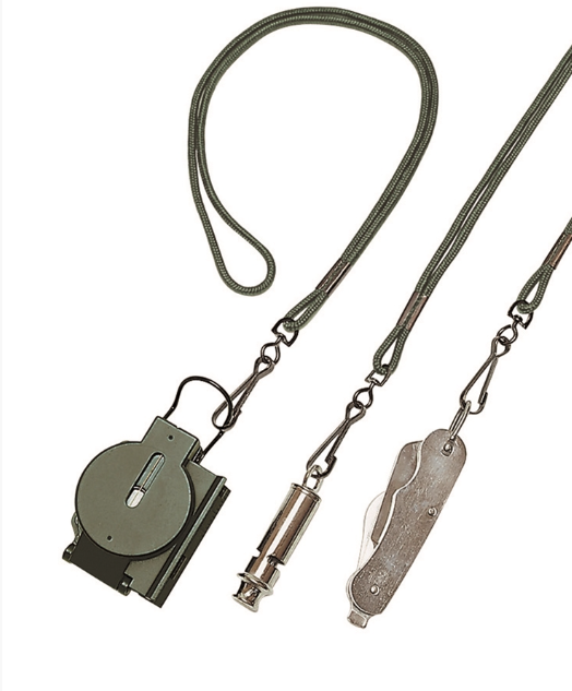 Set of tools including a knife and whistle on a lanyard against a white background