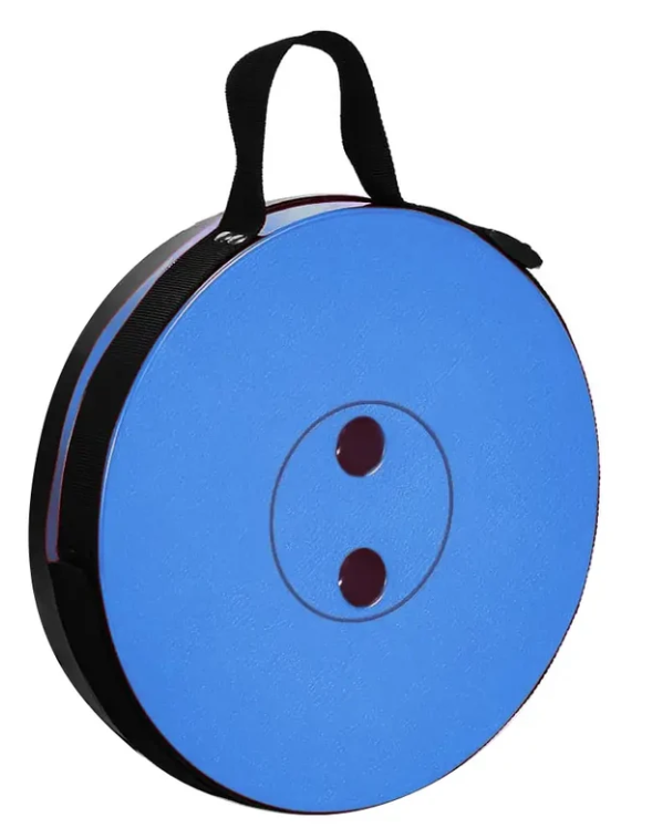 A circular blue foam exercise pad with a black carrying handle and black side trim, shown on a plain white background.