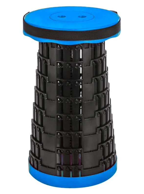 A black collapsible cylindrical storage bin with bright blue top and bottom caps, shown on a plain white background.