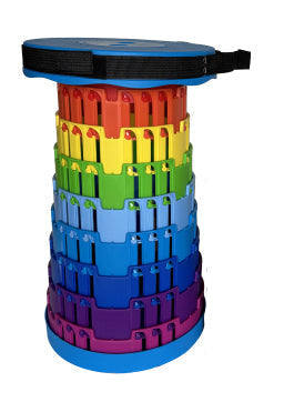 Colorful folding stool with rainbow pattern on a white background