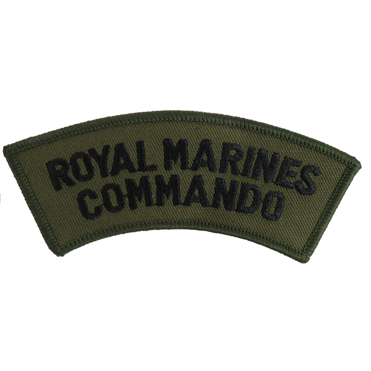 Olive green patch with 'ROYAL MARINES COMMANDO' text on a white background