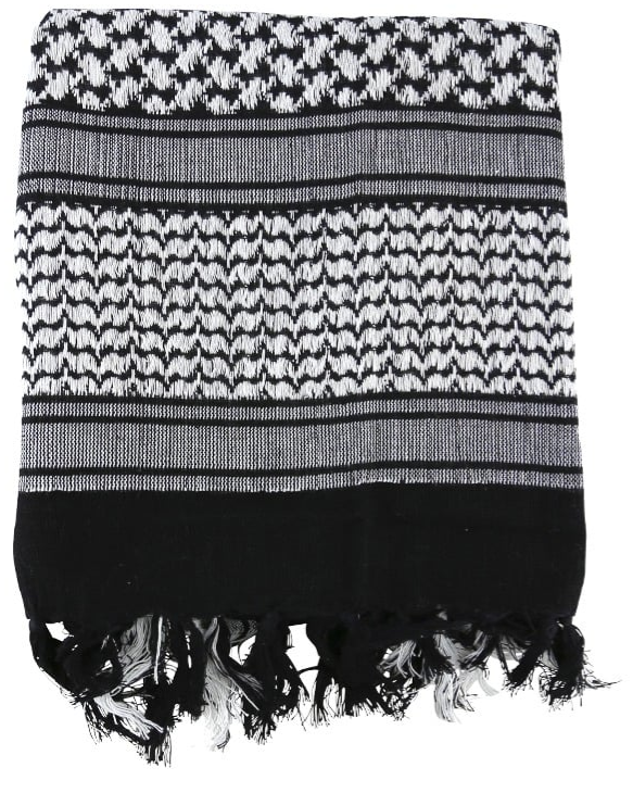 Black and white patterned scarf with fringes on a white background