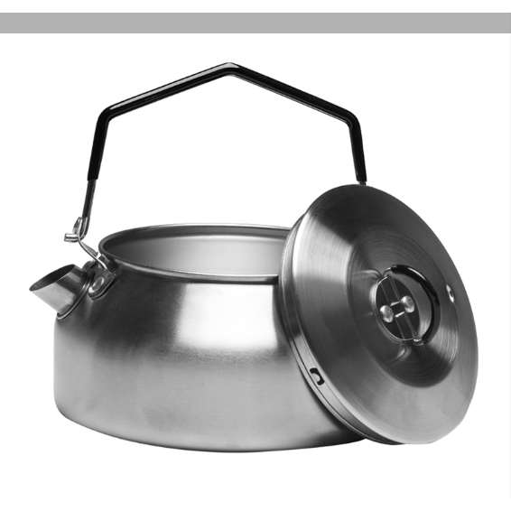 Stainless steel kettle with lid on a white background
