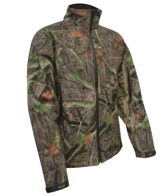 A camouflage hunting jacket with a full-zip front, stand-up collar, and multiple zippered pockets, shown on a plain white background.