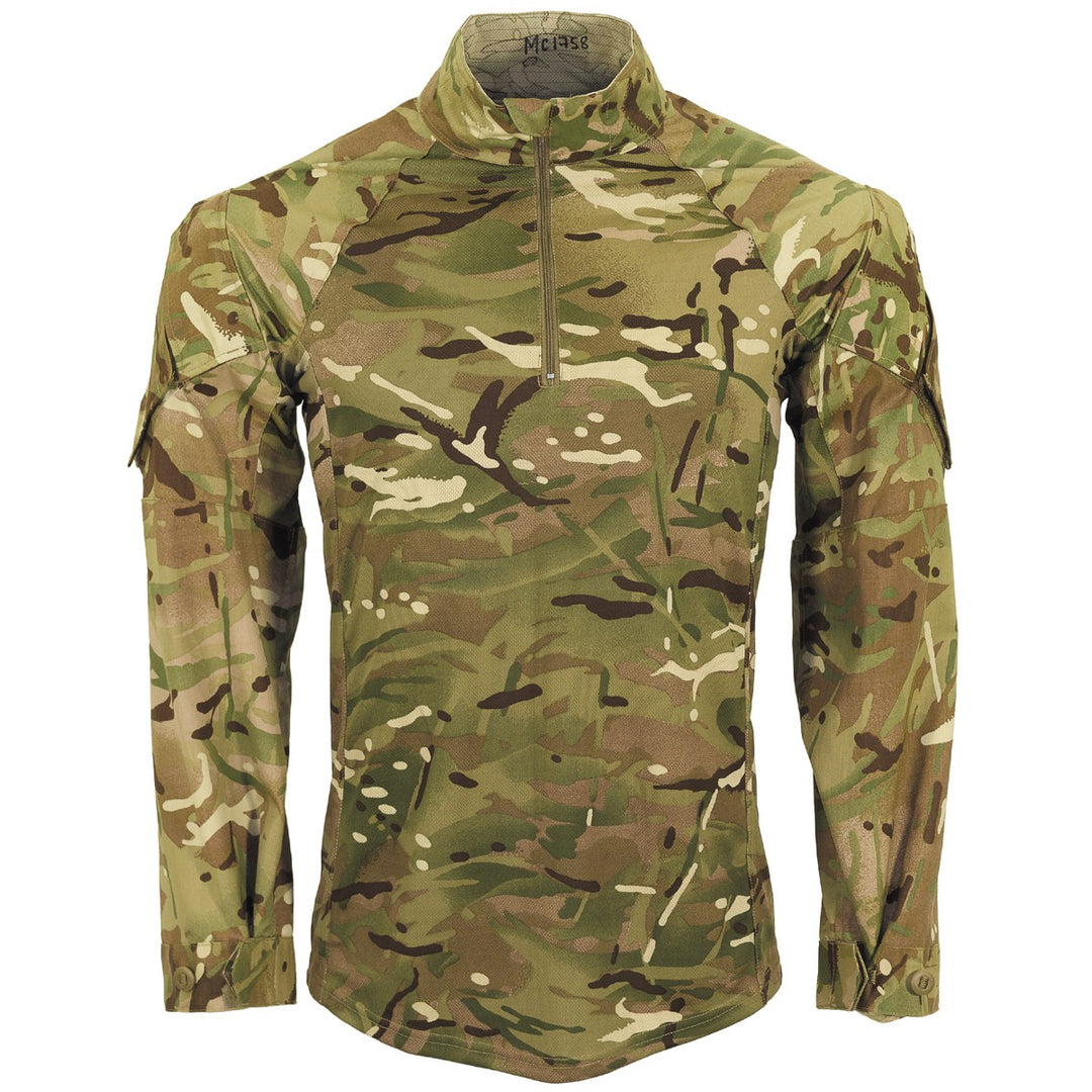 British army camouflage print long sleeve shirt with chest zip and mock neck collar. 
