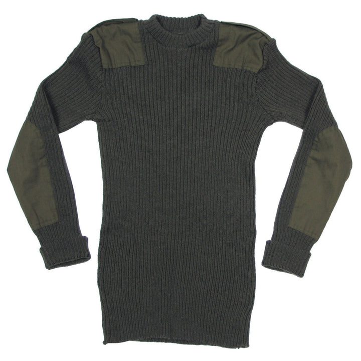 Olive green ribbed, round neck pullover with rolled sleeves