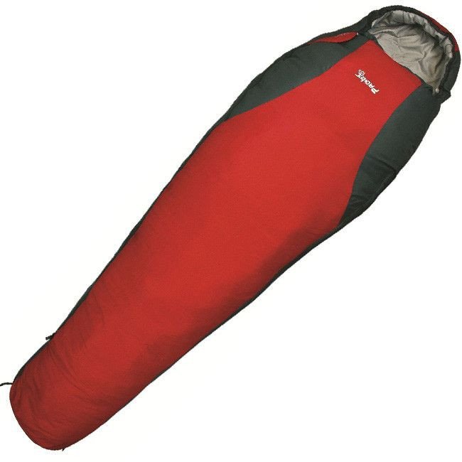 Red and black sleeping bag with lined hood