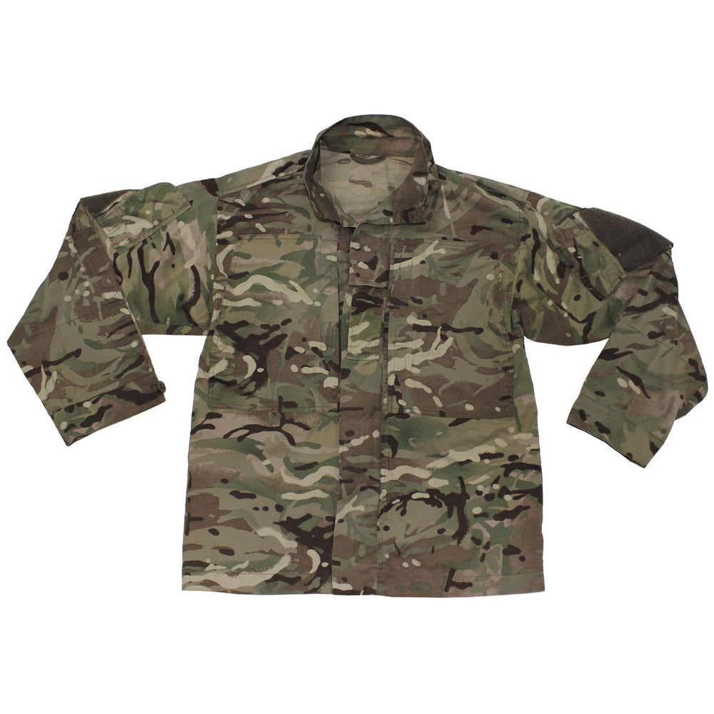 British army camouflage has been spread out with sleeves to the side and folded down to display sleeve pockets and full size of jackets