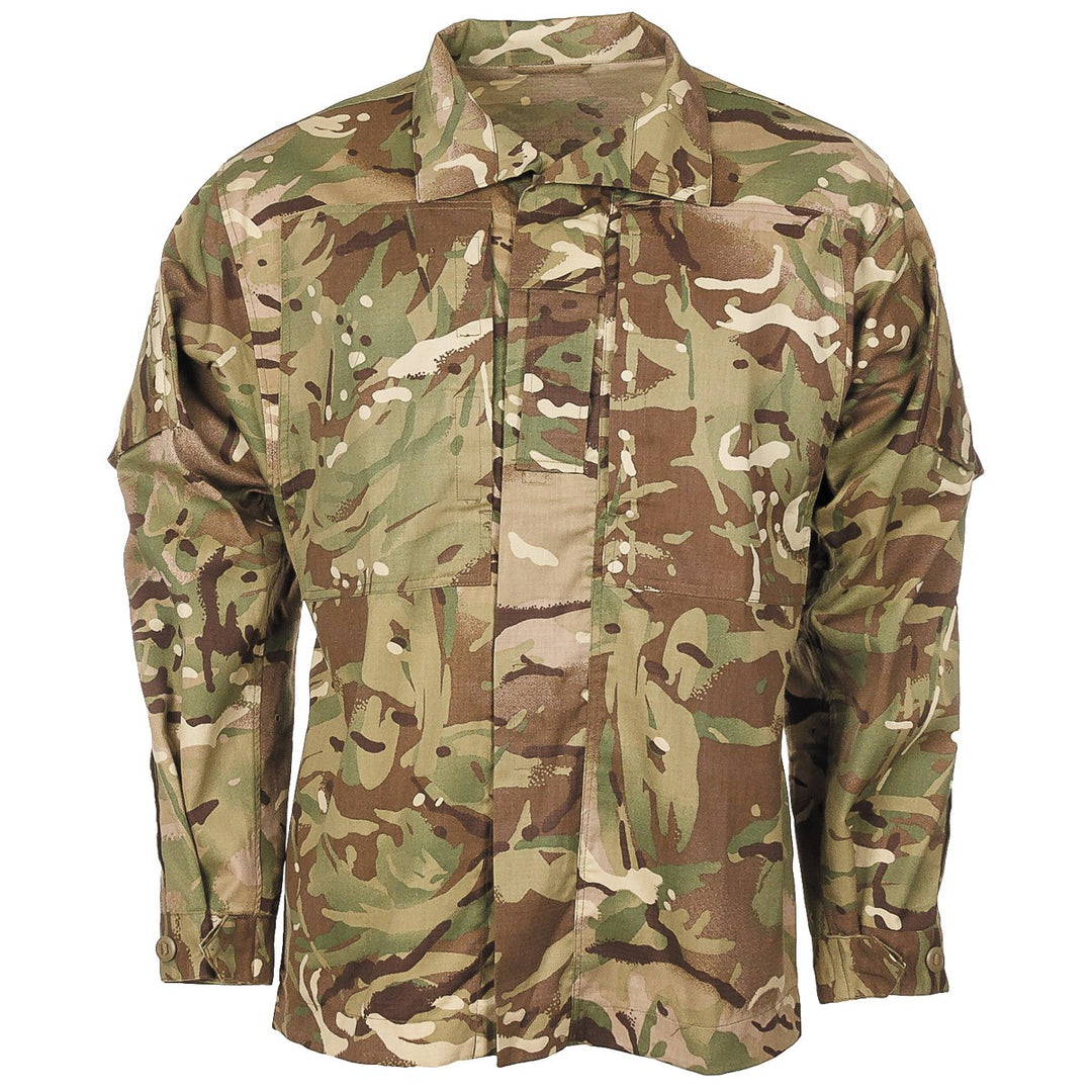 British army camouflage print shirt with collar and breast pocket. Long sleeves are cuffed with adjustable buttons.