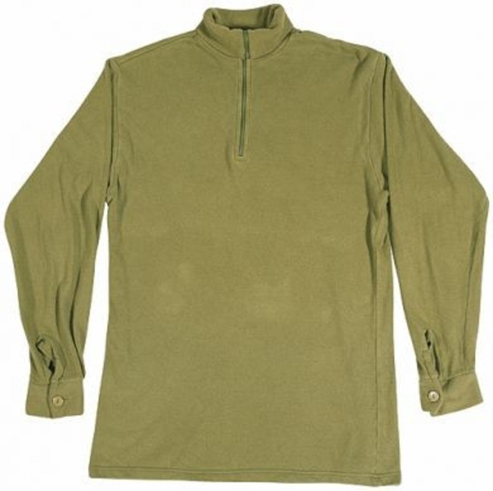 Norwegian Army Shirt New in army green, oversized body and sleeved with buttoned cuffs. Roll neck collar has half zip closure.