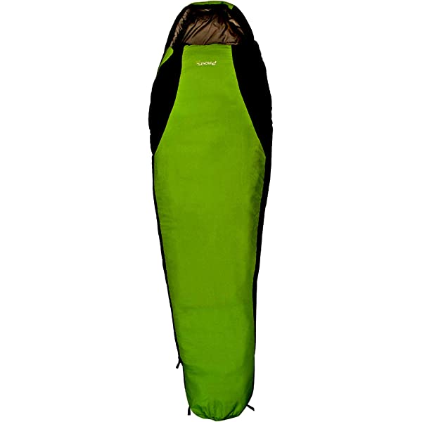 Green and black sleeping bag with lined hood