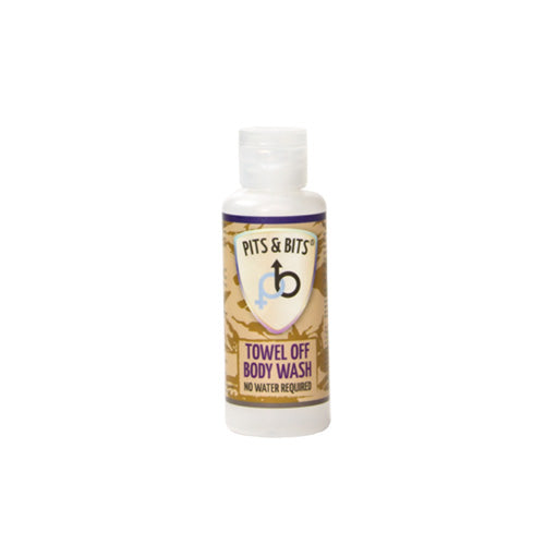 White plastic bottle with flip cap lid. Brown army print label  with beige label and purple text. Reads 'Pits & Bits Towel Off Body Wash no water required'
